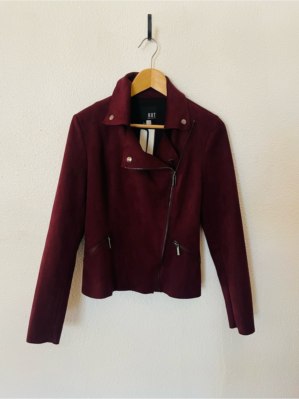 KUT from the Kloth faux suede asymmetrical moto jacket in burgundy Size Small